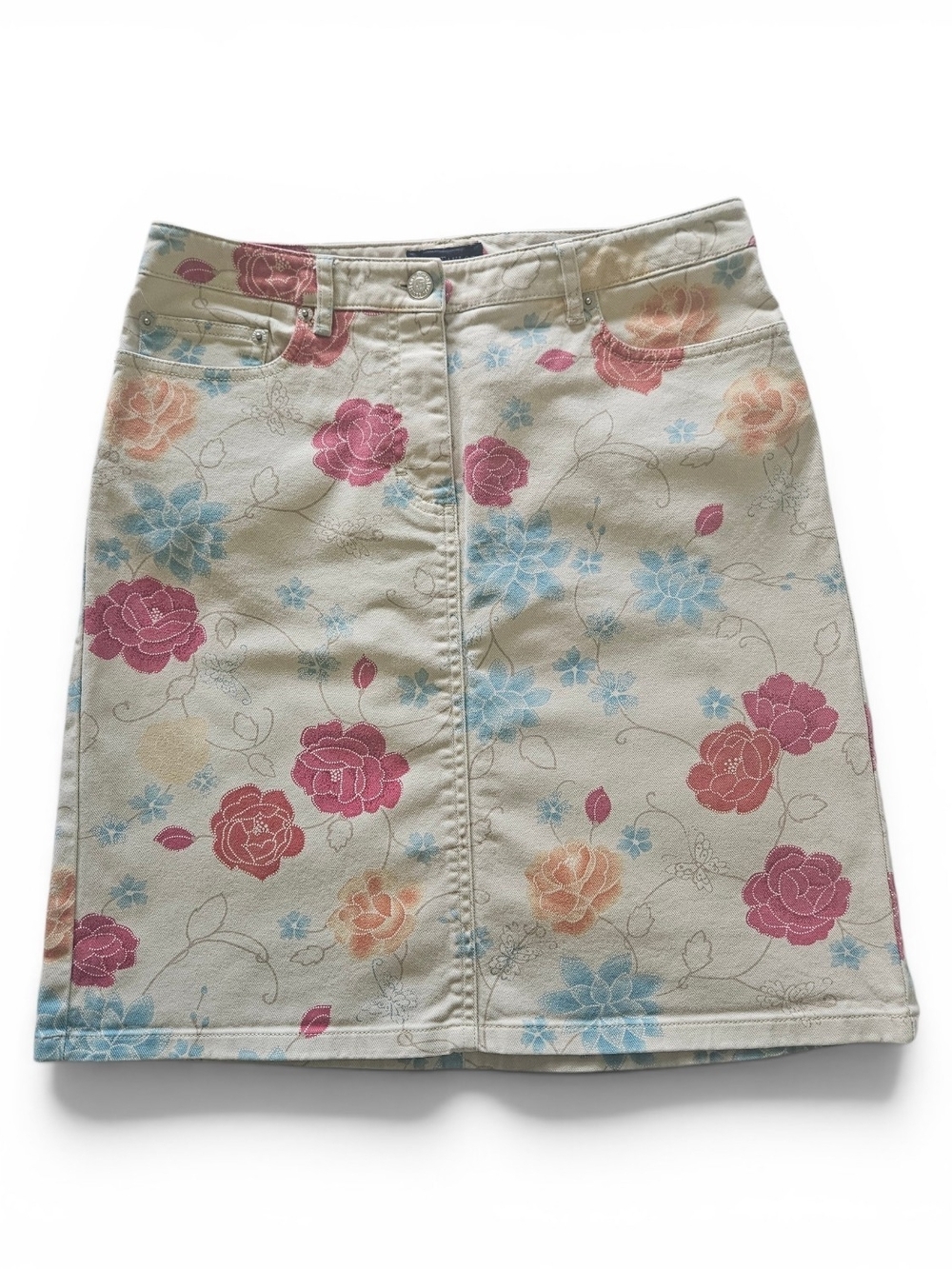 Ann Taylor Floral Print Mini Skirt Size 4 Cream Pink Blue A-Line Like New